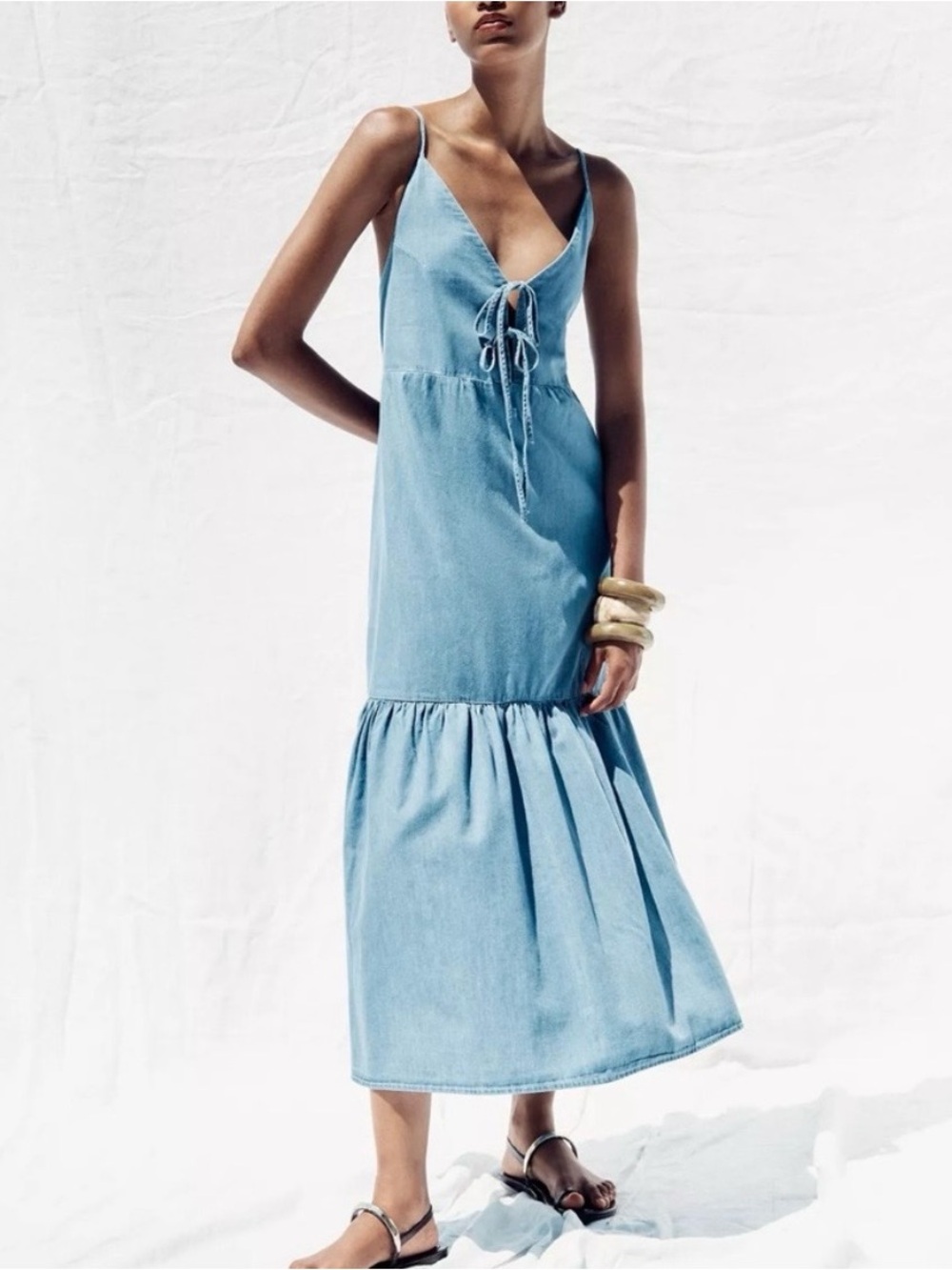 Zara Light Blue Denim Midi Dress with Tie Front